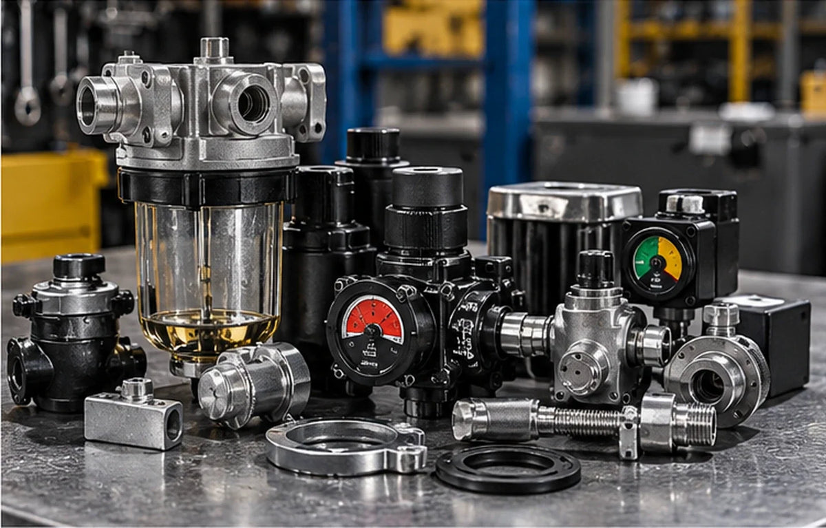 Componentes y accesorios de filtración industrial, con carcasas de filtros, indicadores de presión, conectores y sellos metálicos.