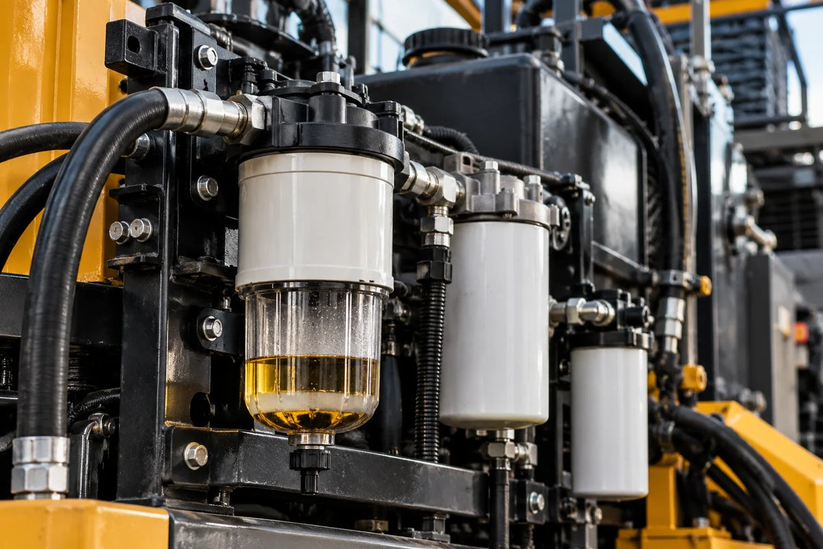 Sistema de filtración industrial con filtros de combustible y aceite, separador de agua y conexiones instaladas en maquinaria pesada.